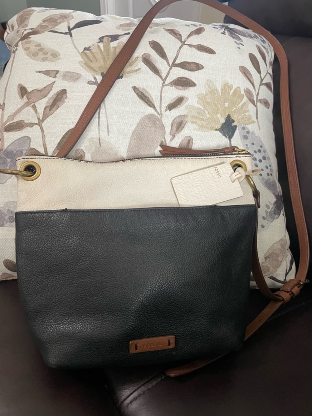 Fossil Black and Cream Crossbody with Brown Strap